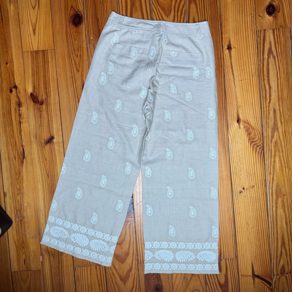 NWT Elie Tahari Linen Pants Womens Size 8 Tan Embroidered Paisley Boho Wide Leg - Picture 4 of 7